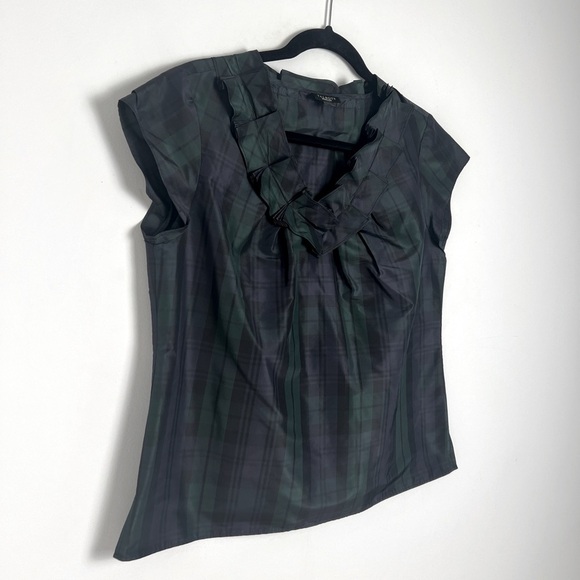 Talbots Black Watch Tartan V-Neck Ruffle 100% Silk Cap Sleeve Blouse Top Sz 8 - Picture 2 of 6